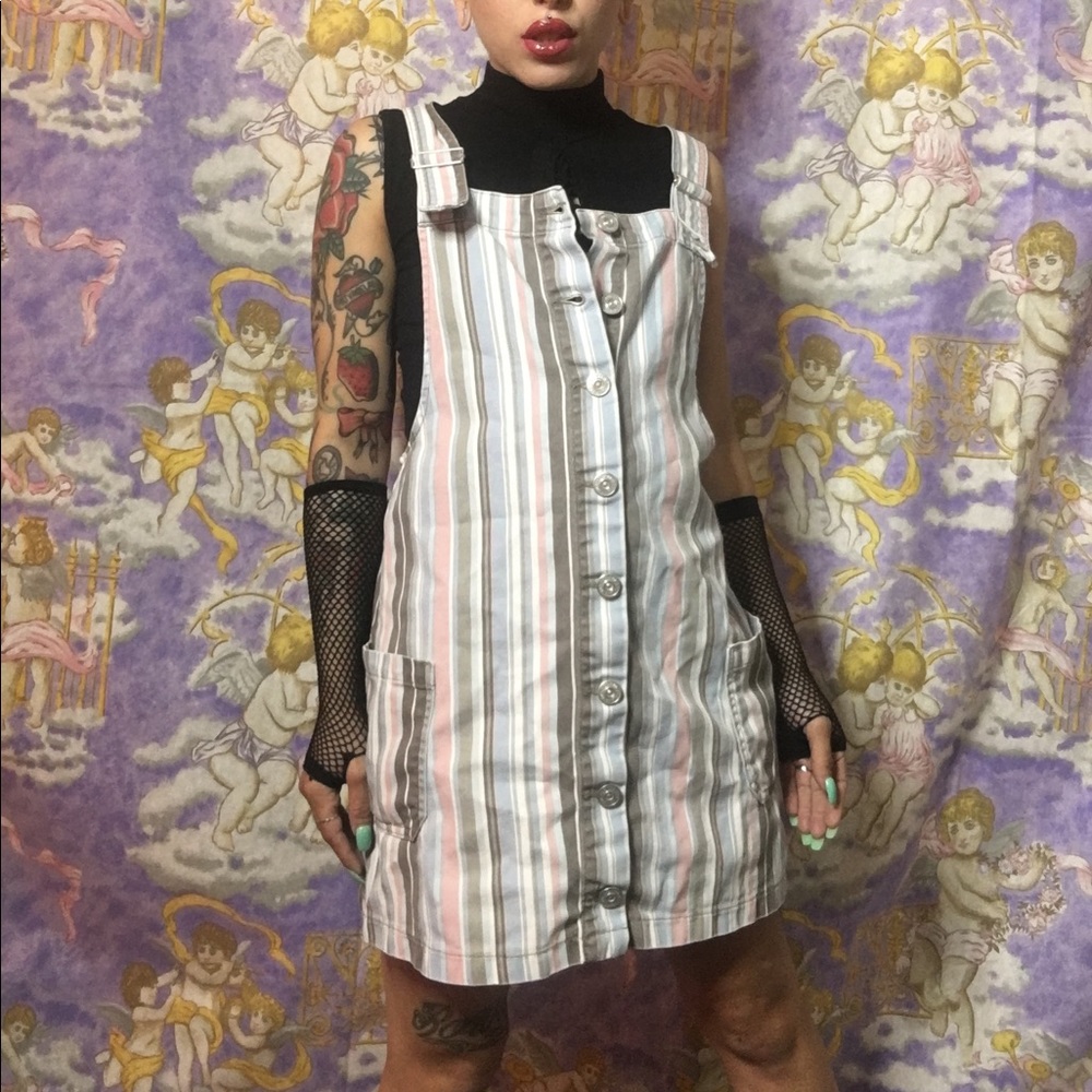 Bdg uo muted pastel striped denim pinafore dress S